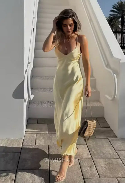 Aimishang Fashion V-neck Spaghetti Straps Sleeveless Prom Dress Simple Maxi Dress Elegant Evening Party Dress