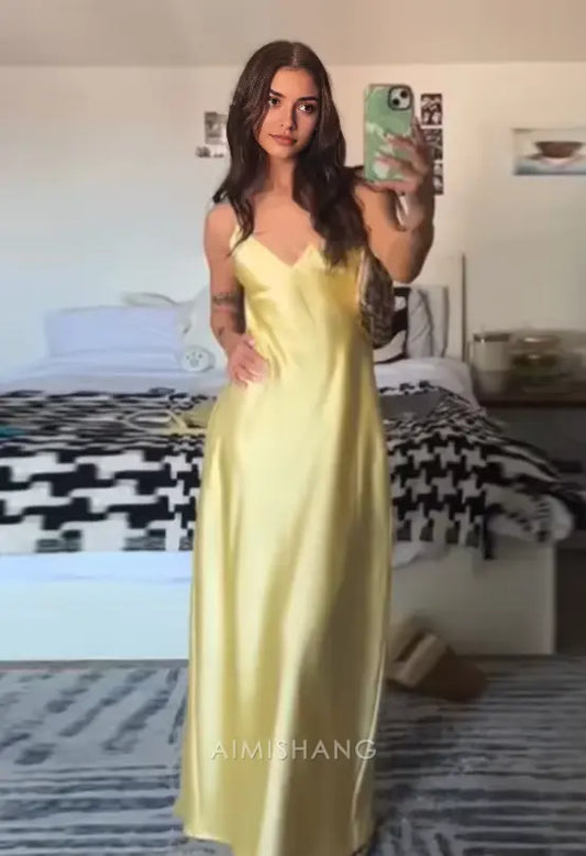 Aimishang Fashion Yellow V-neck Spaghetti Straps Sleeveless Prom Dress Simple Maxi Dress Elegant Evening Party Dress