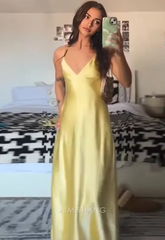 Aimishang Fashion Yellow V-neck Spaghetti Straps Sleeveless Prom Dress Simple Maxi Dress Elegant Evening Party Dress