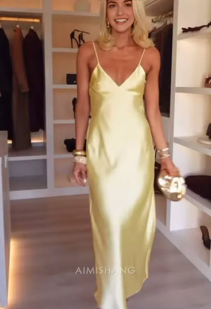 Aimishang Fashion Yellow V-neck Spaghetti Straps Sleeveless Prom Dress Simple Maxi Dress Elegant Evening Party Dress