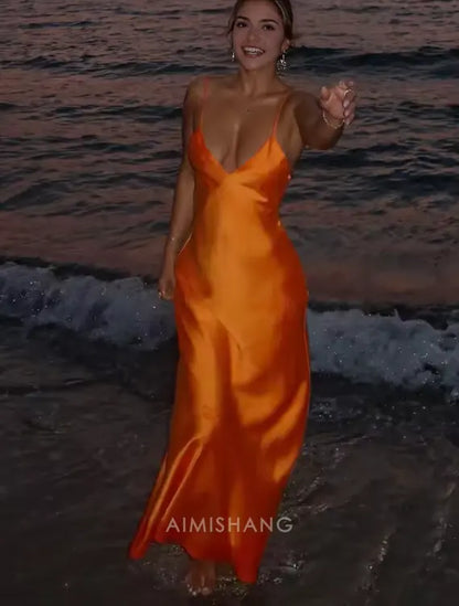 Aimishang Fashion V-neck Spaghetti Straps Sleeveless Prom Dress Simple Maxi Dress Elegant Evening Party Dress