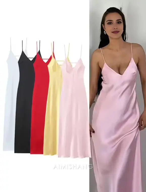 Aimishang Fashion V-neck Spaghetti Straps Sleeveless Prom Dress Simple Maxi Dress Elegant Evening Party Dress