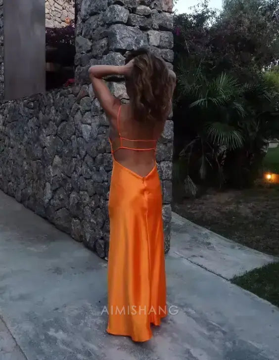 Aimishang Fashion V-neck Spaghetti Straps Sleeveless Prom Dress Simple Maxi Dress Elegant Evening Party Dress