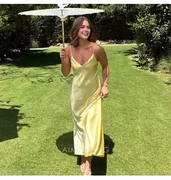 Aimishang Fashion V-neck Spaghetti Straps Sleeveless Prom Dress Simple Maxi Dress Elegant Evening Party Dress