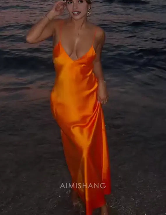 Aimishang Fashion V-neck Spaghetti Straps Sleeveless Prom Dress Simple Maxi Dress Elegant Evening Party Dress