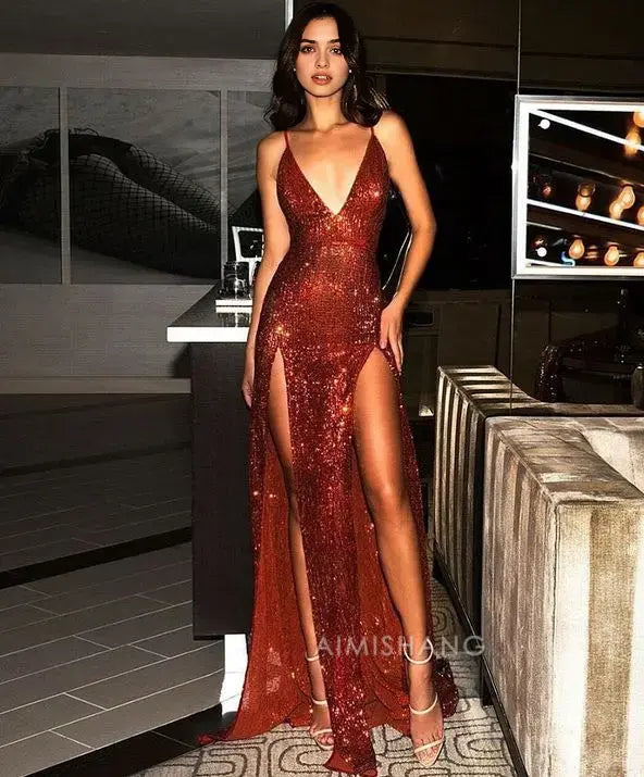 Aimishang Fashion V-neck Spaghetti Straps Sleeveless Sequins Long Formal Prom Dress With Slit Sexy Party Evening Gowns Sparkly Graduation Dress