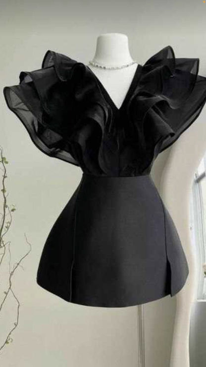 Aimishang Fashion V Neck Black Sleeveless Short Summer Birthday Party Dress Stylish Mini Graduation Homecoming Dress