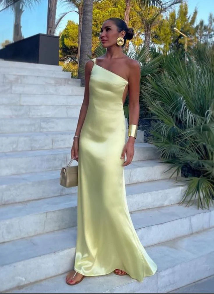 Aimishang Fashion Yellow One Shoulder Long Prom Dress Elegant Evening Party Gowns Simple Formal Dress