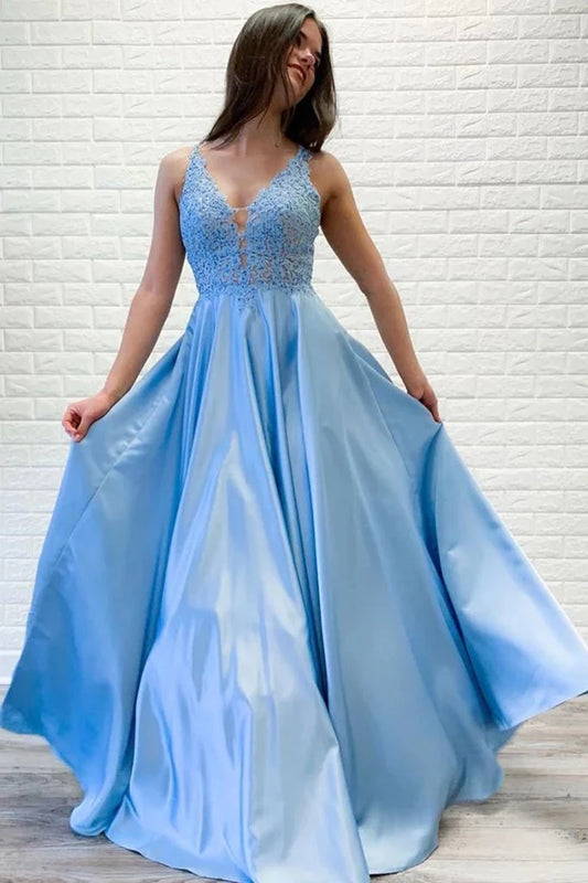 Wholesale A-line Evening Dresses V Neck Lace Long Prom Dresses Blue Satin Open Back