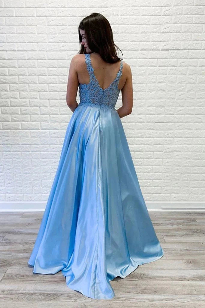 Wholesale A-line Evening Dresses V Neck Lace Long Prom Dresses Blue Satin Open Back