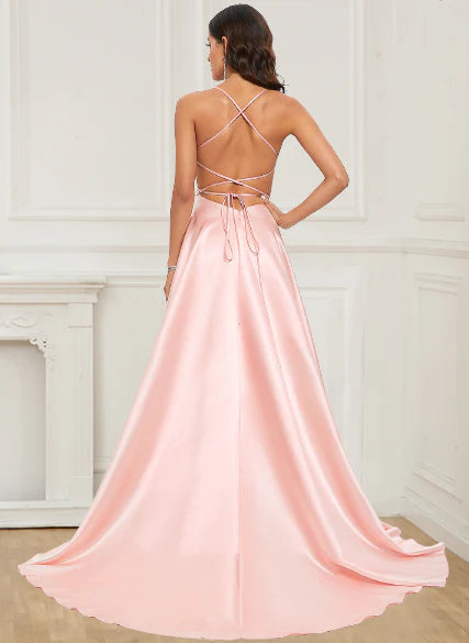 Wholesale Prom Dresses Simple Long Spaghetti Straps Pink Slit