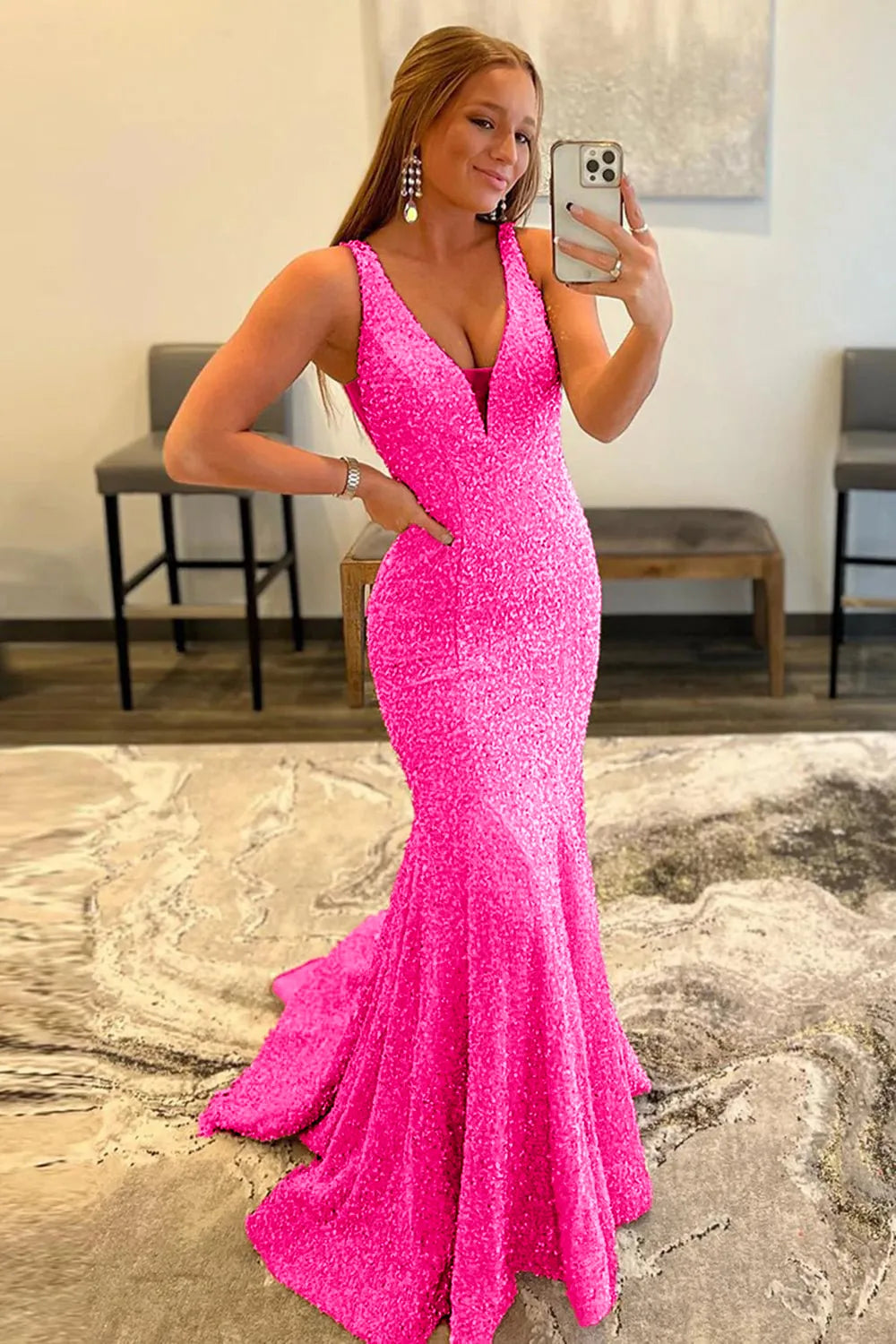 Wholesale Mermaid Sexy Glitter V Neck Long Prom Dress