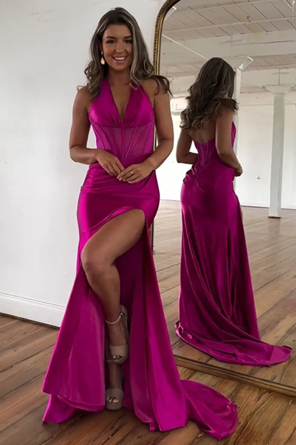 Wholesale Prom Dress Mermaid Halter Neck Open Back Satin With Split