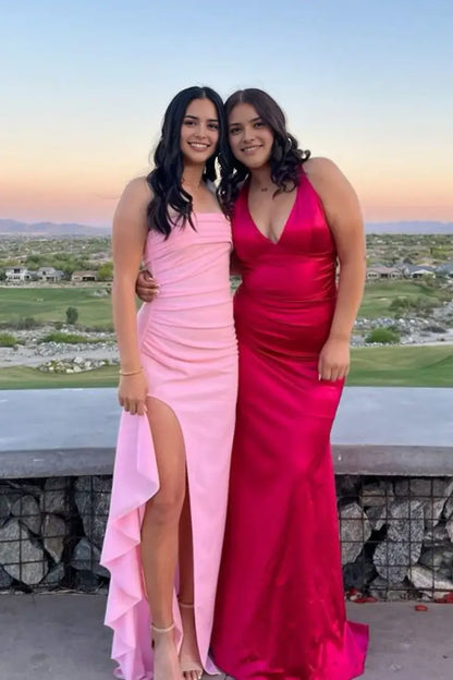 Aimishang Cute Sheath Strapless Sleeveless Ruched Evening Party Dresses Lovely Long Formal Graduation Dress With Slit