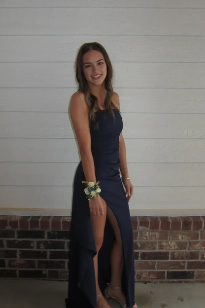 Aimishang Cute Sheath Strapless Sleeveless Ruched Evening Party Dresses Lovely Long Formal Graduation Dress With Slit