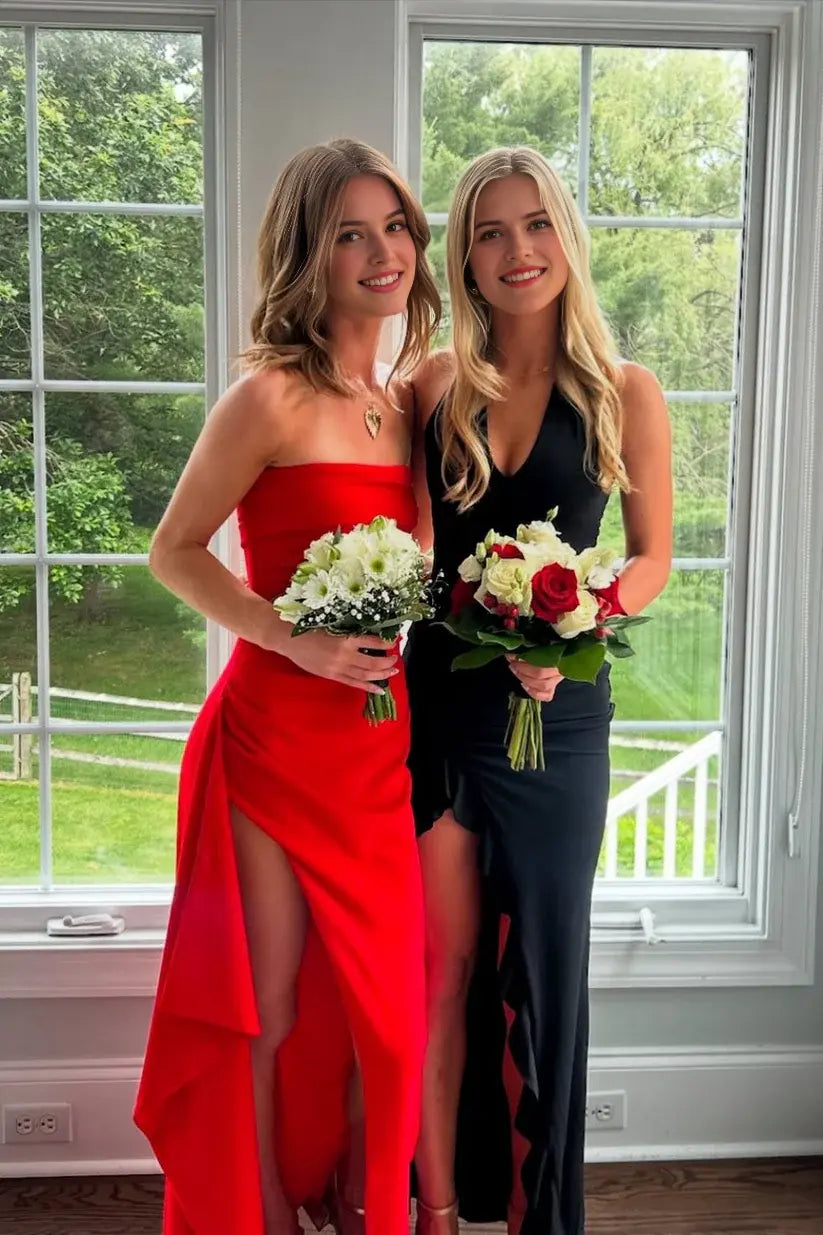 Aimishang Cute Sheath Strapless Sleeveless Ruched Evening Party Dresses Lovely Long Formal Graduation Dress With Slit