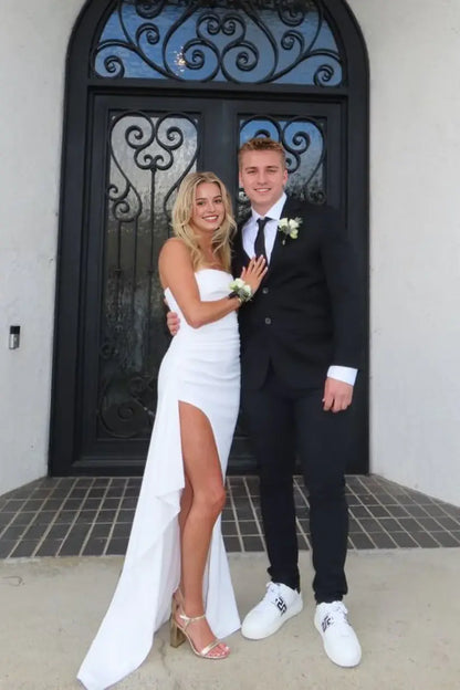 Aimishang Cute Sheath Strapless Sleeveless Ruched Evening Party Dresses Lovely Long Formal Graduation Dress With Slit