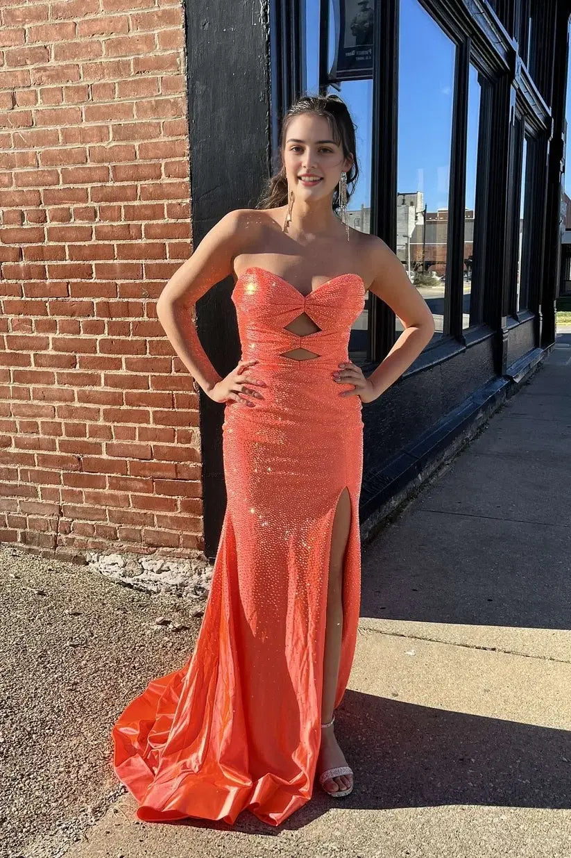 Aimishang Shiny Mermaid Strapless Sleeveless Beaded Cut-out Evening Party Dress Elegant Long Formal Prom Dress With Slit