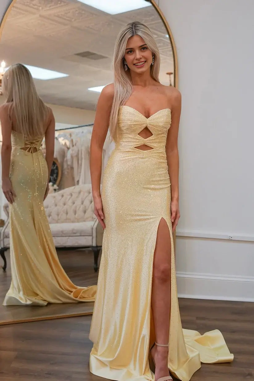 Aimishang Shiny Mermaid Strapless Sleeveless Beaded Cut-out Evening Party Dress Elegant Long Formal Prom Dress With Slit