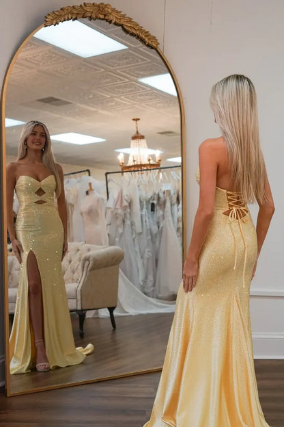 Aimishang Shiny Mermaid Strapless Sleeveless Beaded Cut-out Evening Party Dress Elegant Long Formal Prom Dress With Slit