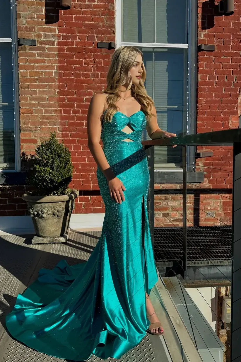 Aimishang Shiny Mermaid Strapless Sleeveless Beaded Cut-out Evening Party Dress Elegant Long Formal Prom Dress With Slit