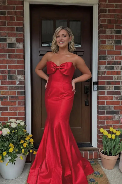 Aimishang Cute Mermaid Strapless Sleeveless Bow Front Evening Party Dresses Lovely Long Formal Graduation Dress