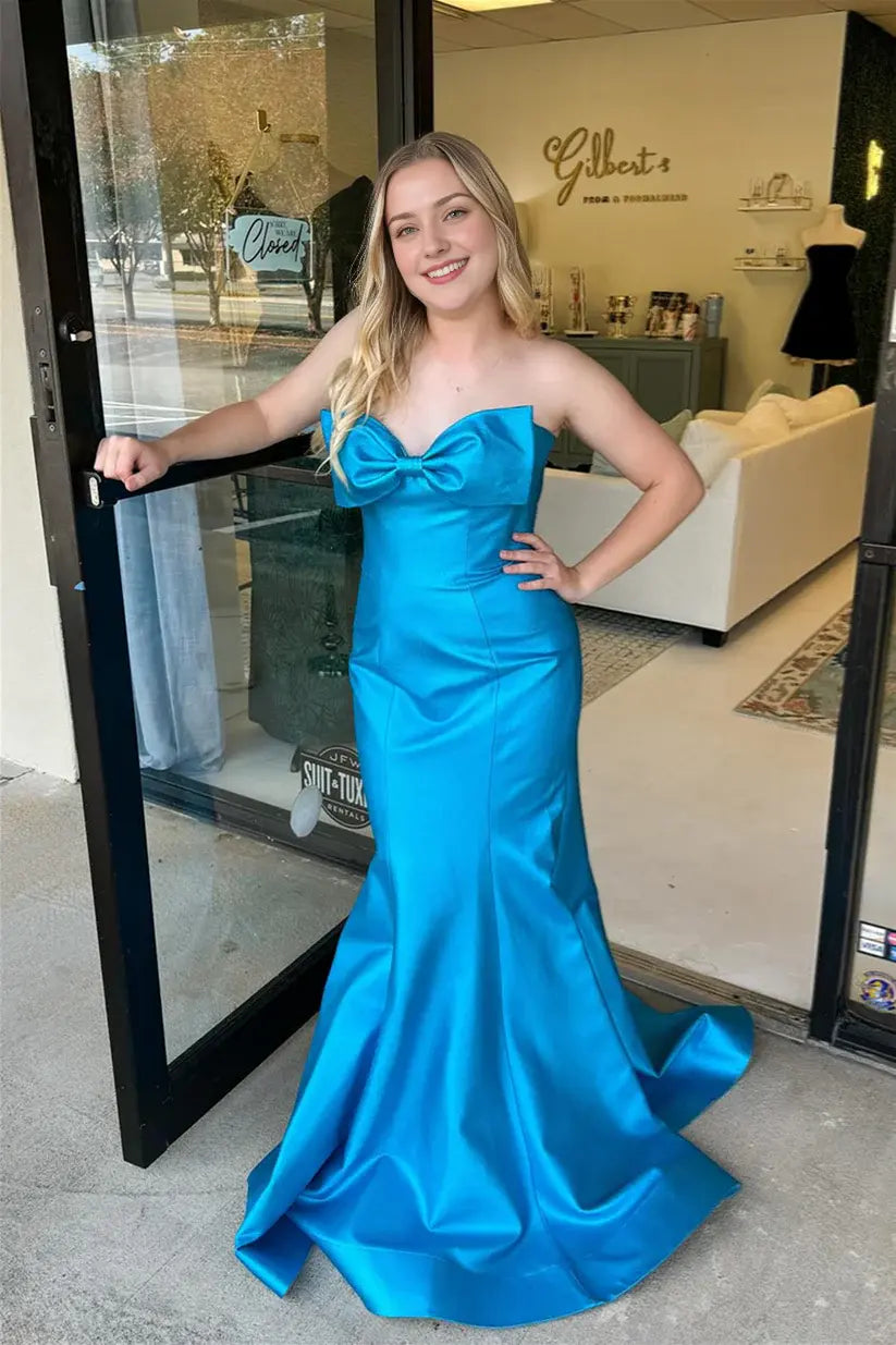 Aimishang Cute Mermaid Strapless Sleeveless Bow Front Evening Party Dresses Lovely Long Formal Graduation Dress