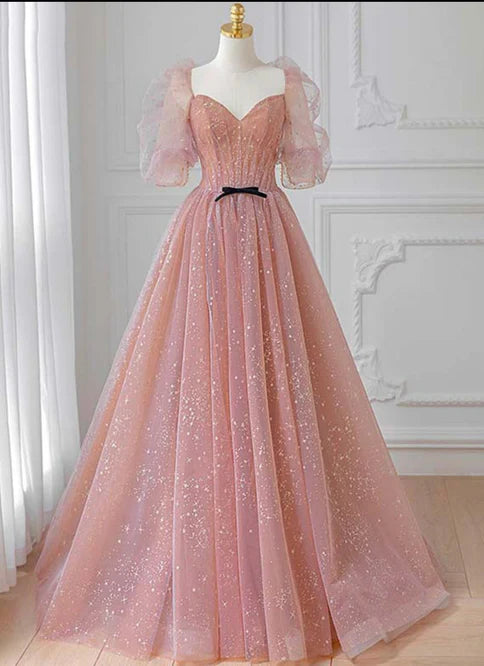 Pink Tulle Beautiful Puffy Sleeves Long Prom Dress A-line Evening Dresses Charming Wholesale