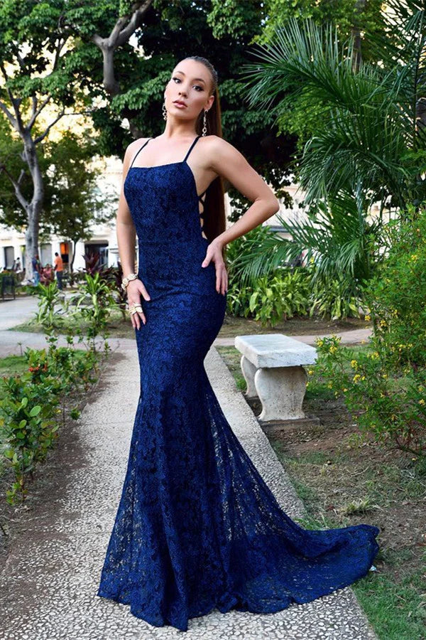 Navy Blue Lace Mermaid Evening Dress Floor Length Elegant Prom Dress december wedding guest dress Wholesale