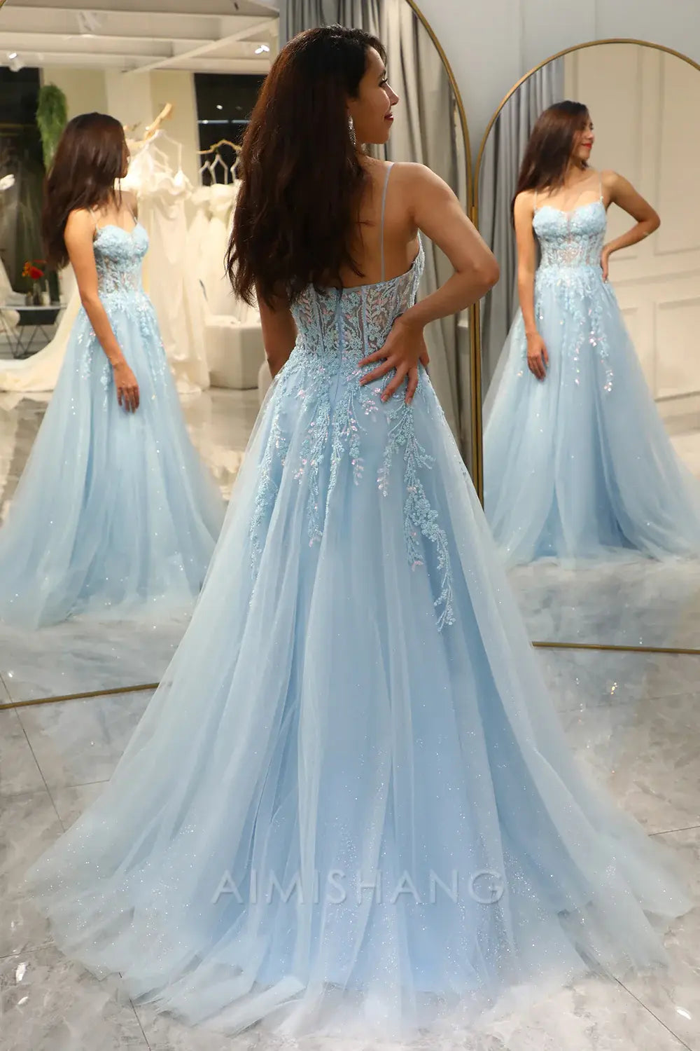 Aimishang A Line Fuchsia Spaghetti Straps Tulle Light Blue Long Prom Dress With Appliques