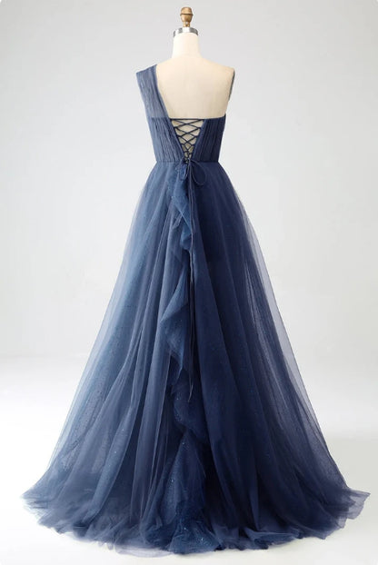 Aimishang Long Prom Dress A-Line One-Shoulder Tulle Dark Green Elegant Evening Party Dress