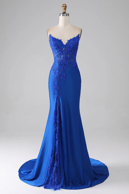 Wholesale Royal Blue Mermaid Strapless Long Beaded Prom Dress With Appliques