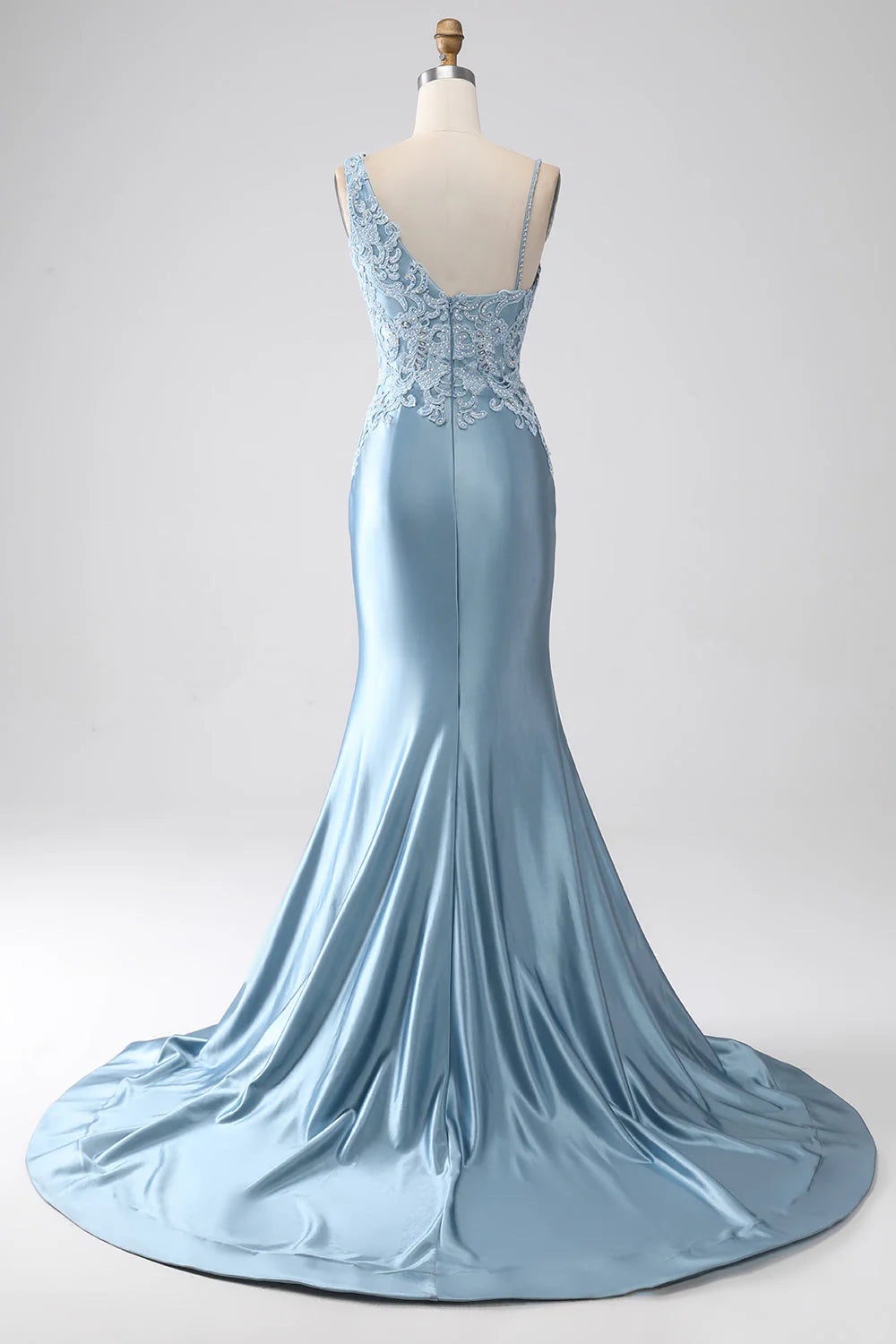 Wholesale Grey Blue Mermaid Spaghetti Straps Long Beaded Prom Dress With Appliques