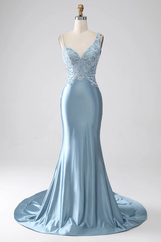 Wholesale Grey Blue Mermaid Spaghetti Straps Long Beaded Prom Dress With Appliques