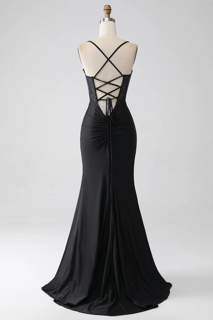 Wholesale Mermaid Spaghetti Straps Long Corset Black Prom Dress With Beading