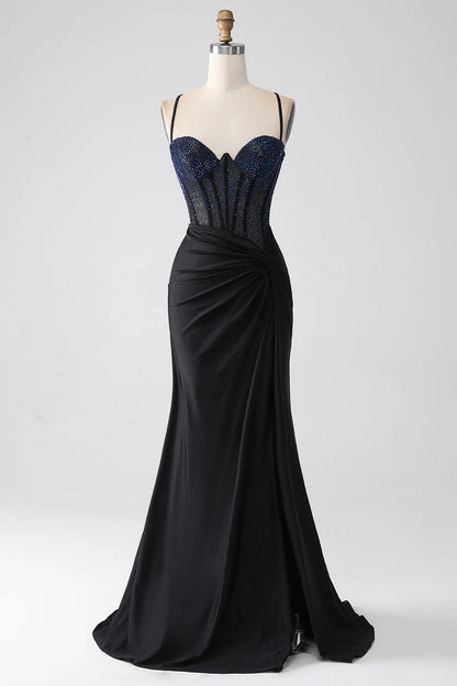 Wholesale Mermaid Spaghetti Straps Long Corset Black Prom Dress With Beading