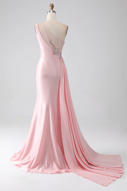 Wholesale Pink Mermaid Long Prom Dress One Shoulder Sequins Appliques Ruched  With Slit