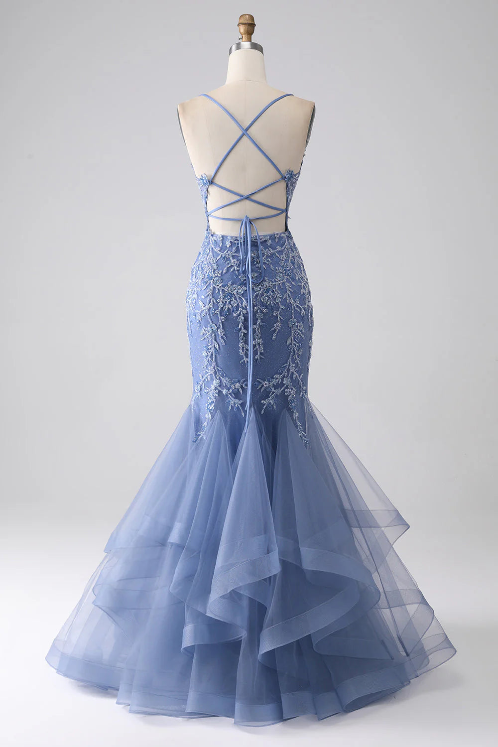 Wholesale Mermaid Long Prom Dress Spaghetti Strap Beaded Backless Grey Blue With Appliques