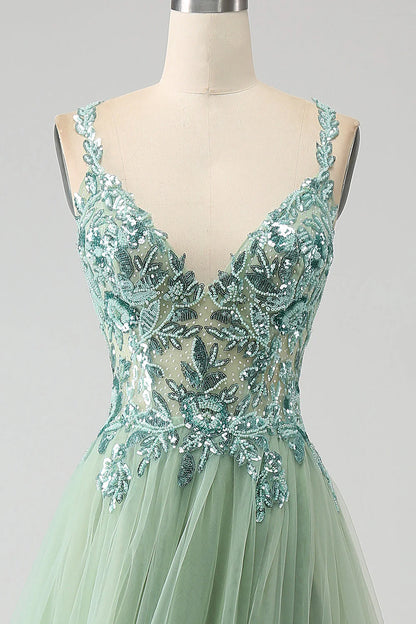 Wholesale A Line Long Prom Dress Spaghetti Straps with Appliques Gorgeous Light Green