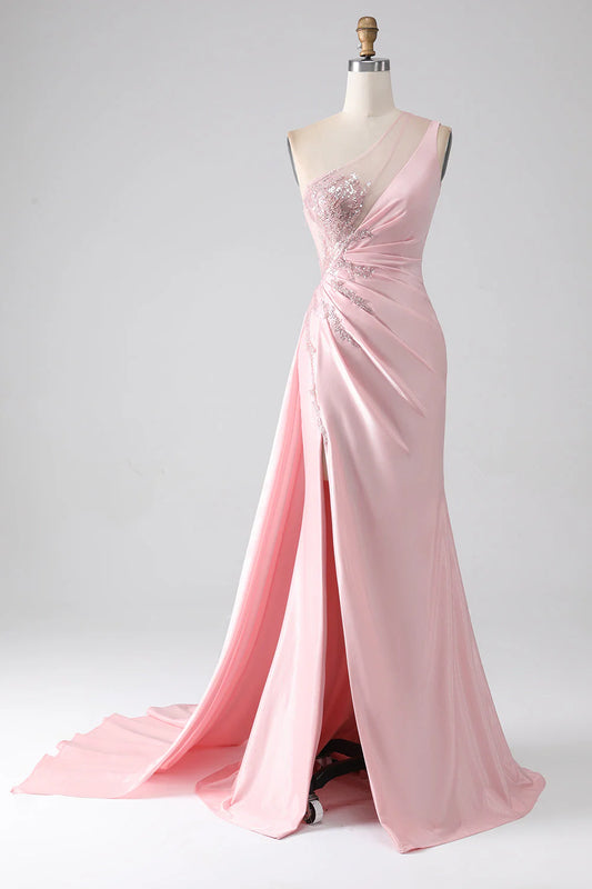 Wholesale Pink Mermaid Long Prom Dress One Shoulder Sequins Appliques Ruched  With Slit