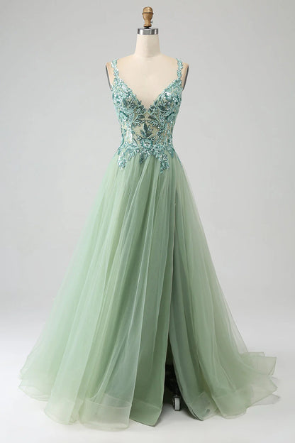 Wholesale A Line Long Prom Dress Spaghetti Straps with Appliques Gorgeous Light Green