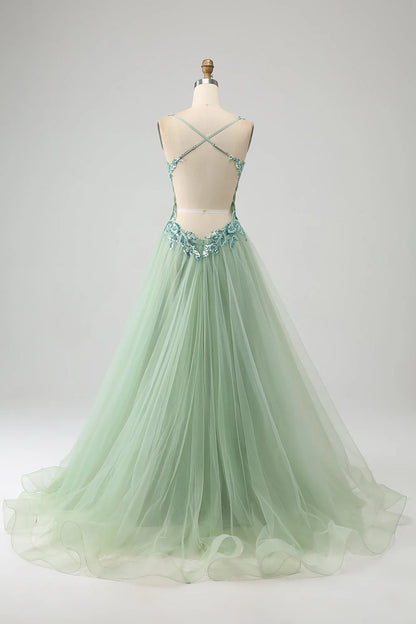 Wholesale A Line Long Prom Dress Spaghetti Straps with Appliques Gorgeous Light Green