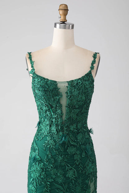 Wholesale Mermaid Prom Dress Spaghetti Straps with Appliques Dark Green Elegant Evening Dress