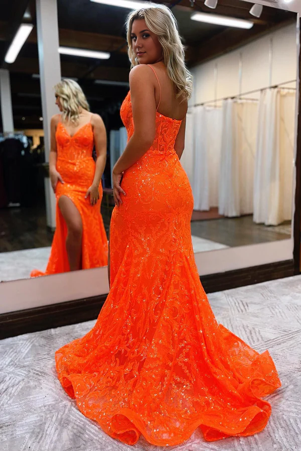 Wholesale Mermaid Evening Dress Spaghetti Straps Sequined Lace Prom Dress With Slit
