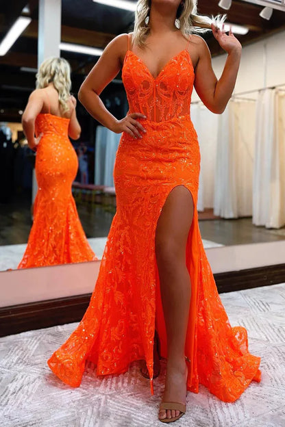 Wholesale Mermaid Evening Dress Spaghetti Straps Sequined Lace Prom Dress With Slit