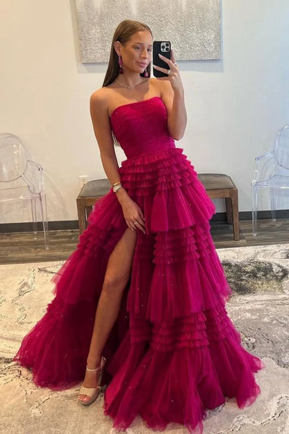 Wholesale Prom Dress Glitter A-Line Strapless Tulle With High Slit