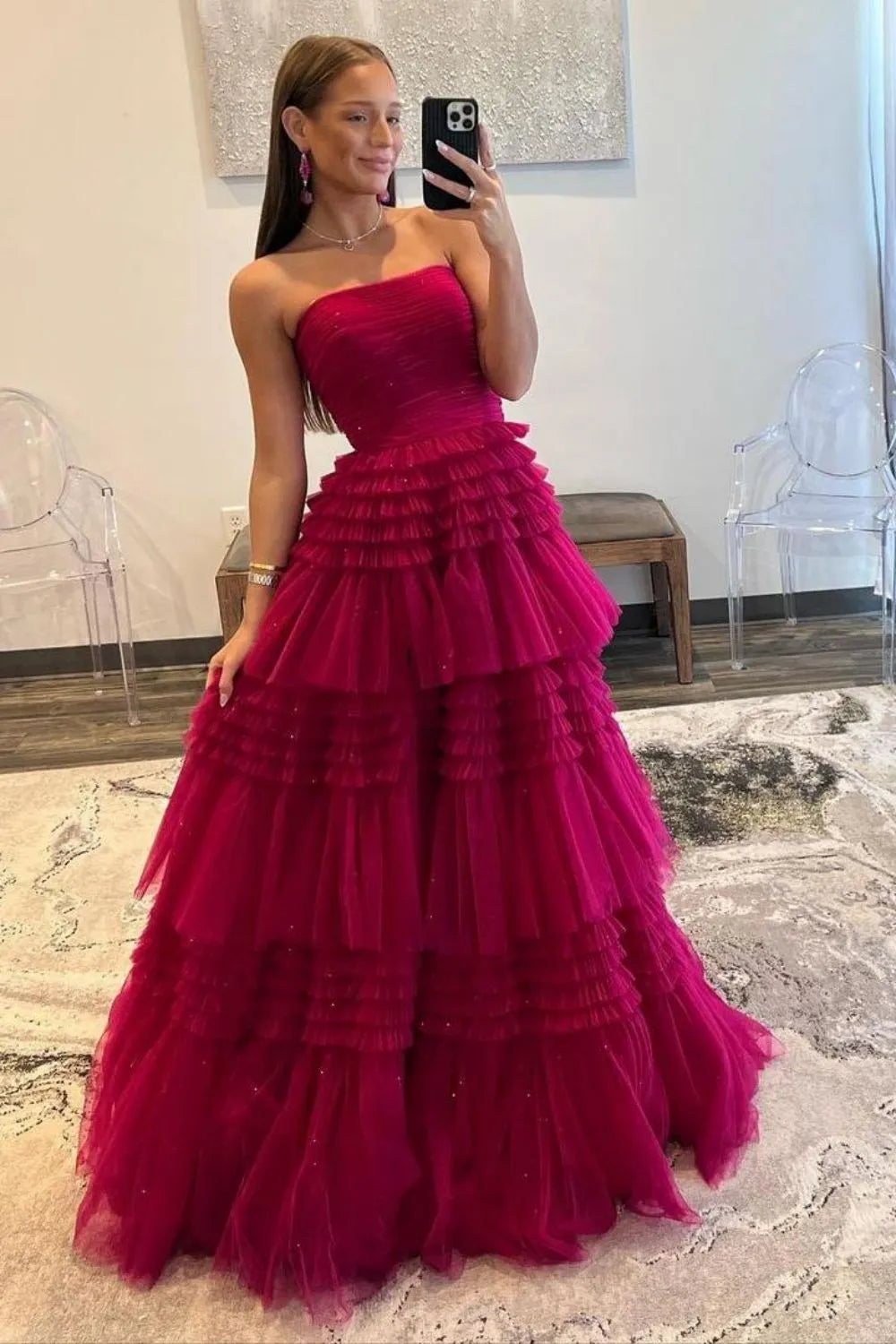 Wholesale Prom Dress Glitter A-Line Strapless Tulle With High Slit