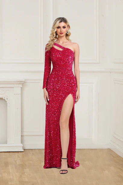 Wholesale Glitter Prom Dresses One Shoulder Sequins Long Sleeves With Slit