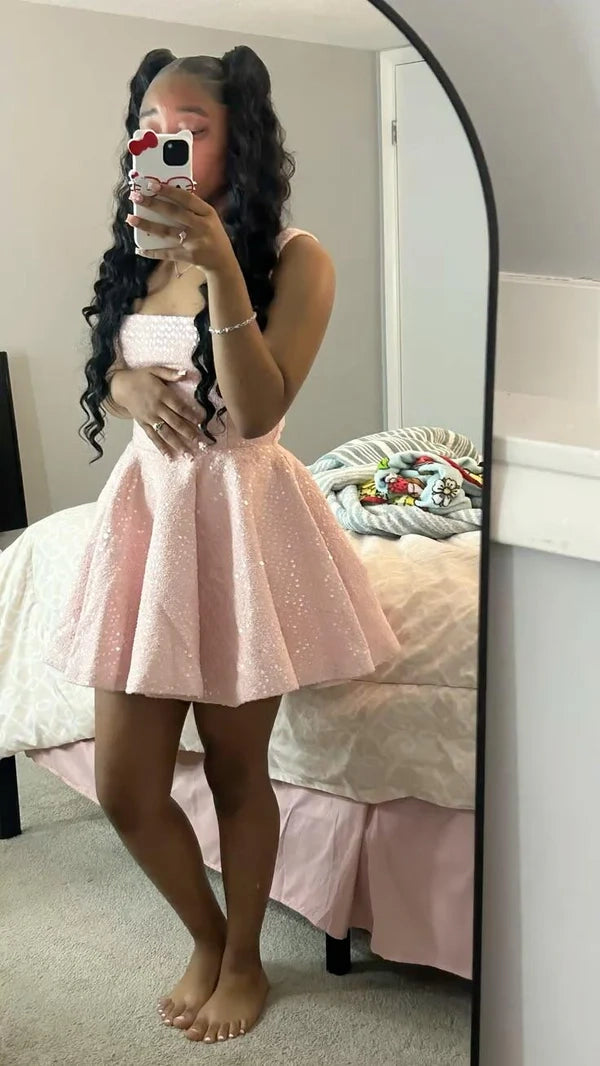 Aimishang Glitter A Line Straps Sleeveless Short Party Prom Dress Sweet Homecoming Dress