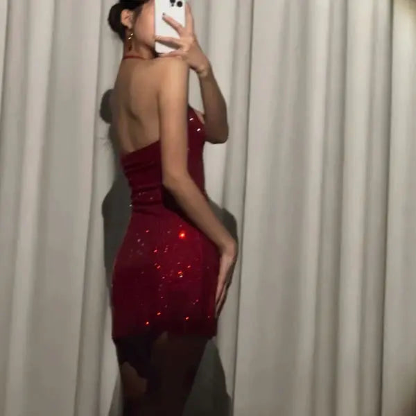 Aimishang Glitter Halter Mini Dress Sleeveless Homecoming Dress Fashion Short Party Prom Dress